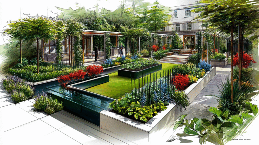 Konzeptzeichnung eines opulenten Gartens mit Rasenfläche, Hochbeeten, bunten Blumen und Wasserlandschaften, handgezeichnet im architektonischen Skizzenstil.