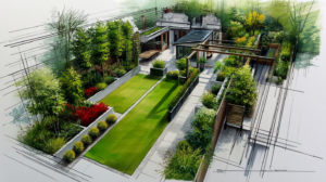 Skizze zur Gartengestaltung mit romantischem Gartenlayout, Kiesweg durch Rasenfläche, Blumenbeeten, Gemüse-Hochbeeten und Rasenkanten