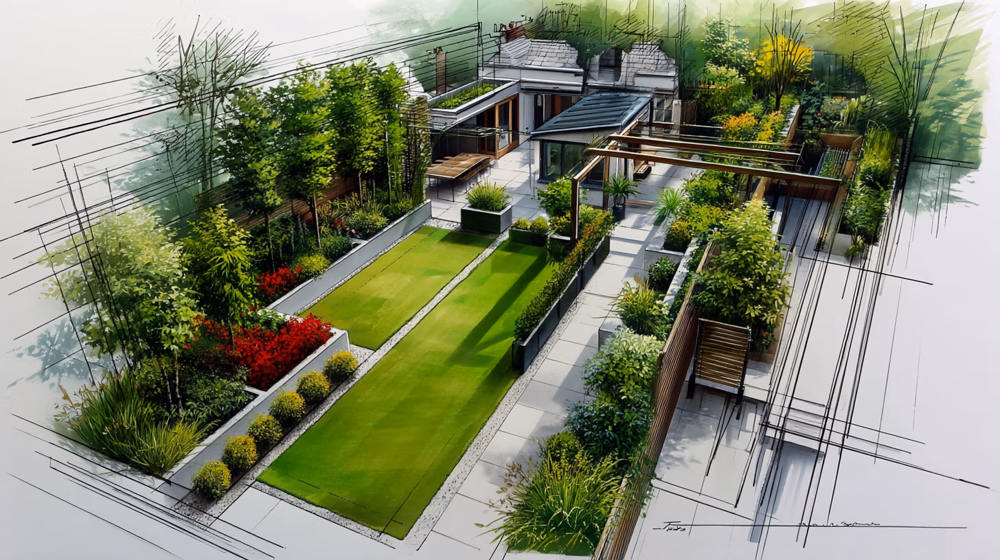 Skizze zur Gartengestaltung mit romantischem Gartenlayout, Kiesweg durch Rasenfläche, Blumenbeeten, Gemüse-Hochbeeten und Rasenkanten