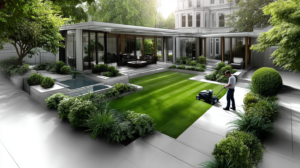 Handgezeichnete Gartenskizze in Draufsicht mit Mähkante um eine Rasenfläche, einem Mann beim Rasenmähen und klaren Wegstrukturen zwischen Gartenräumen, in minimalistischem Schwarz-Weiß-Stil
