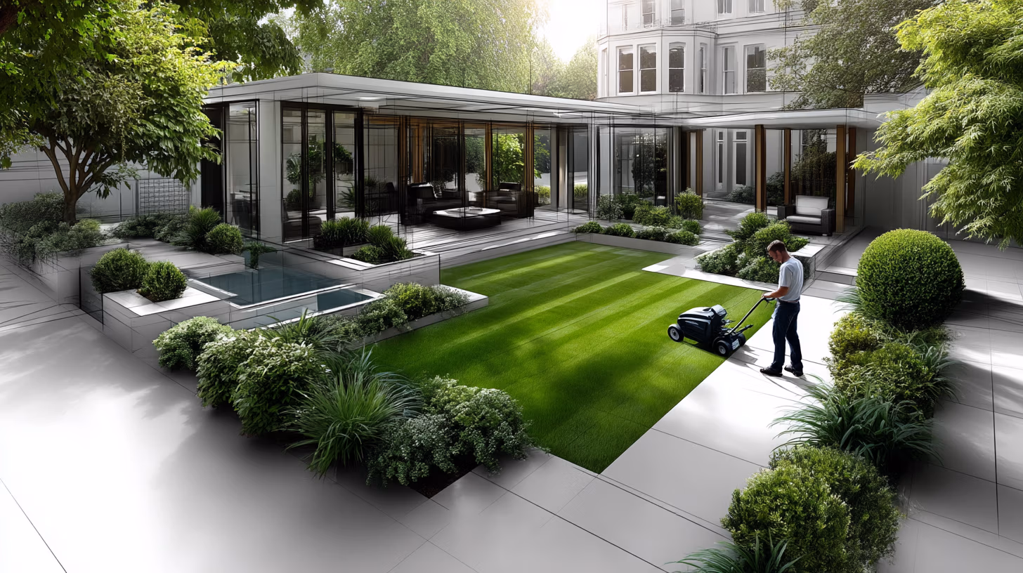 Handgezeichnete Gartenskizze in Draufsicht mit Mähkante um eine Rasenfläche, einem Mann beim Rasenmähen und klaren Wegstrukturen zwischen Gartenräumen, in minimalistischem Schwarz-Weiß-Stil