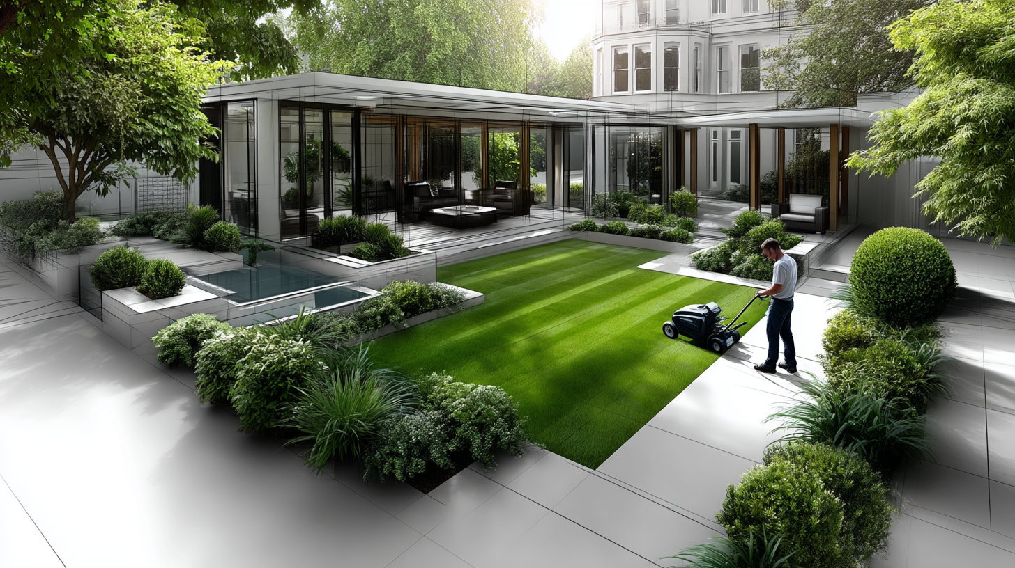 Handgezeichnete Gartenskizze in Draufsicht mit Mähkante um eine Rasenfläche, einem Mann beim Rasenmähen und klaren Wegstrukturen zwischen Gartenräumen, in minimalistischem Schwarz-Weiß-Stil
