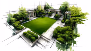Handgezeichnete Gartenskizze in Draufsicht mit großer Rasenfläche im Zentrum, umrahmt von Sträuchern und Wegen zwischen Gartenräumen, in minimalistischem Schwarz-Weiß-Stil