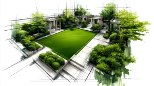 Handgezeichnete Gartenskizze in Draufsicht mit großer Rasenfläche im Zentrum, umrahmt von Sträuchern und Wegen zwischen Gartenräumen, in minimalistischem Schwarz-Weiß-Stil