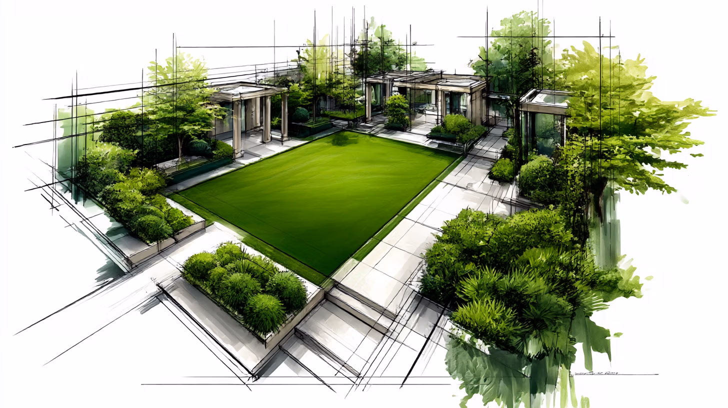 Handgezeichnete Gartenskizze in Draufsicht mit großer Rasenfläche im Zentrum, umrahmt von Sträuchern und Wegen zwischen Gartenräumen, in minimalistischem Schwarz-Weiß-Stil