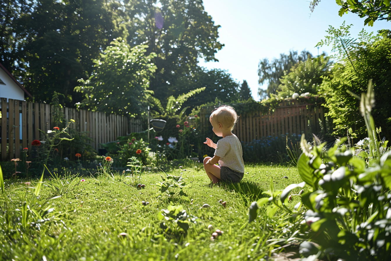 Kind im Garten mit ersten Hochbeeten und einfachen Gartenelementen, Kind spielt im Gras, Gartenidee entsteht, natürliche Szene im Sonnenlicht