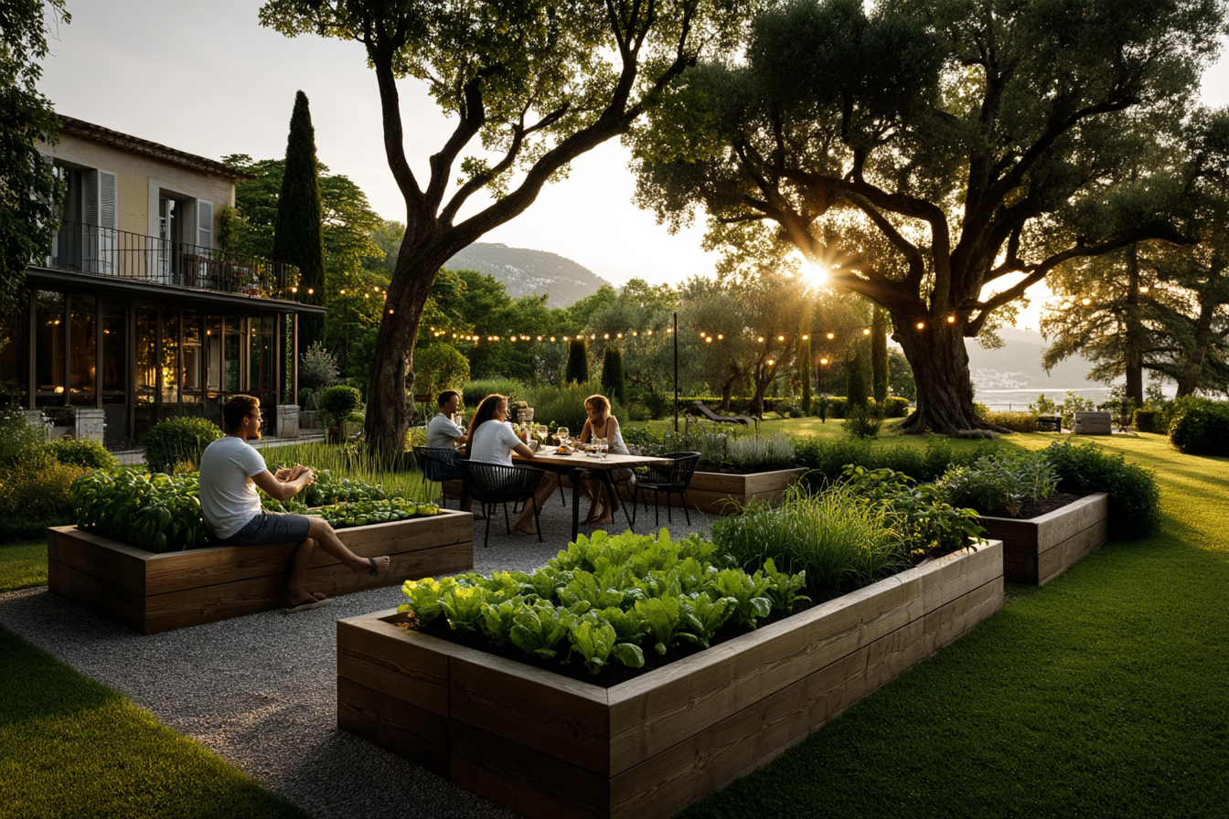 Modular aufgebauter Garten mit Kieswegen, Hochbeeten mit Gemüse, Rasenkanten und Schneckenschutz – Gartensystem zur einfachen Gartengestaltung