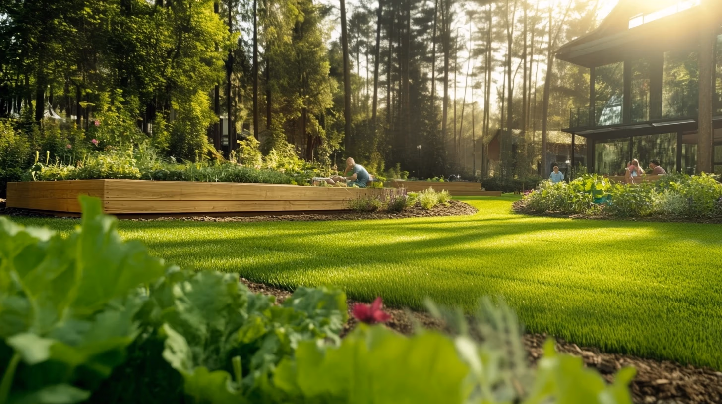 Garten mit modularen Hochbeeten, sichtbarem Schneckenschutz, reichem Gemüsewachstum und einer Familie, die stolz den Garten genießt