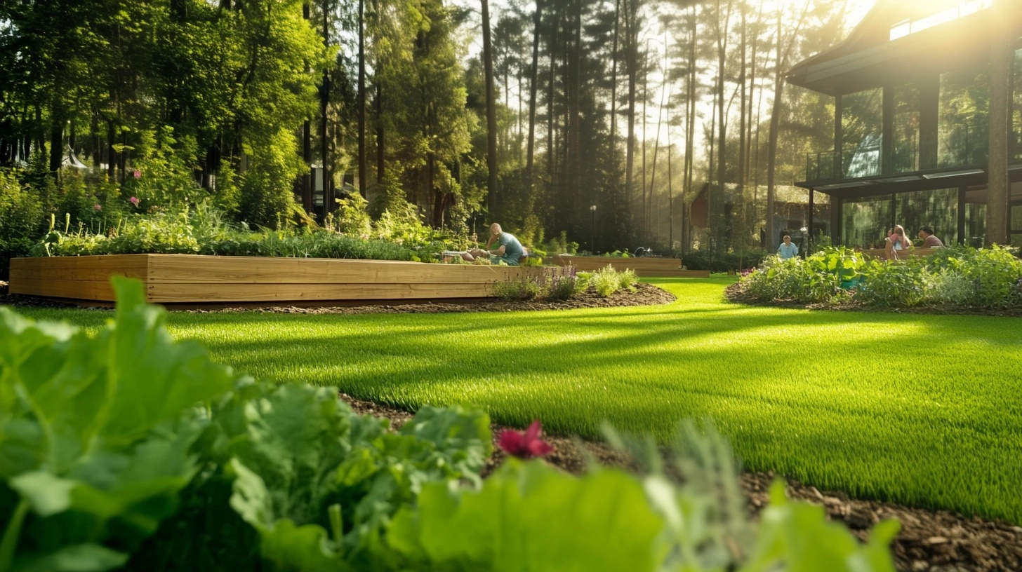 Garten mit modularen Hochbeeten, sichtbarem Schneckenschutz, reichem Gemüsewachstum und einer Familie, die stolz den Garten genießt