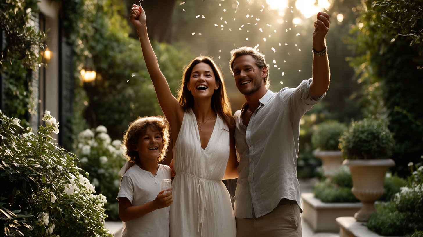 Glückliche Familie im gepflegten Garten mit Hochbeeten, Rasenkanten und Kieswegen – Freude, Qualität und Einfachheit in der Gartengestaltung