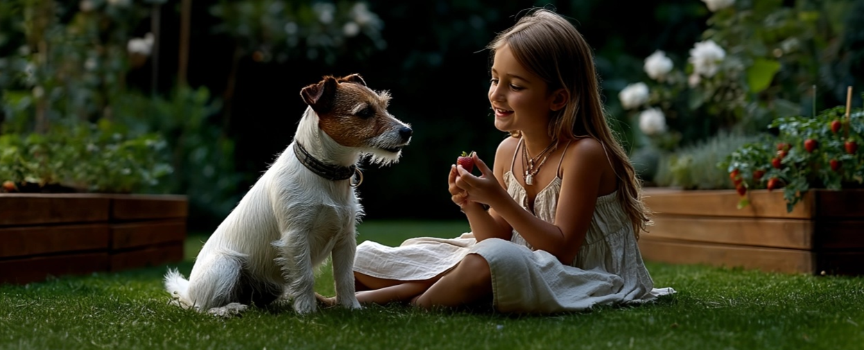 Blondes Mädchen mit Parson Russell Terrier im Garten neben AdamGard Beeteinfassungen, frisch geerntete Erdbeeren in der Hand, gepflegte Hochbeete im Hintergrund.