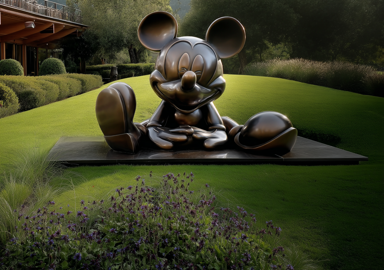 Bronzene Micky-Mouse-Skulptur als stilvolle Schneckenfalle mit integriertem Schneckenschutz
