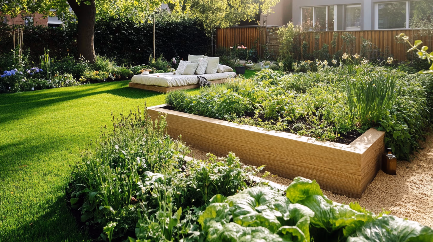 Gepflegter Familiengarten mit Hochbeeten, Gemüse, Kieswegen und Rasenkanten – Symbol für Freude, Struktur und einfache Gartengestaltung