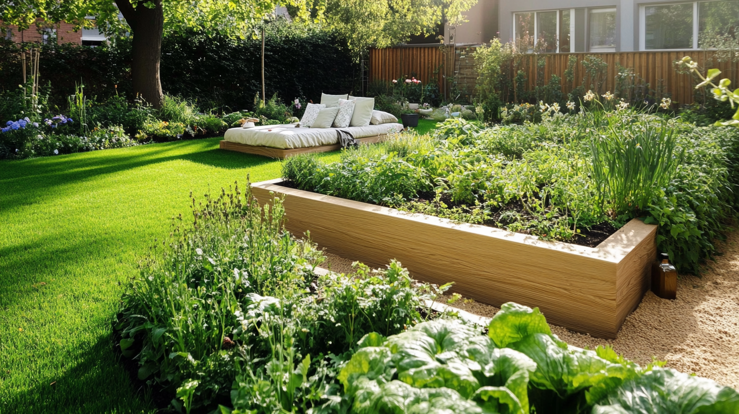 Gepflegter Familiengarten mit Hochbeeten, Gemüse, Kieswegen und Rasenkanten – Symbol für Freude, Struktur und einfache Gartengestaltung