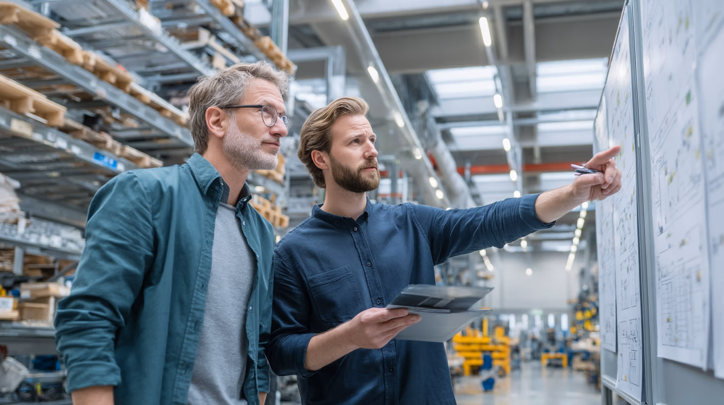 Zwei Männer analysieren Produktionspläne an einem Whiteboard in einer modernen Lagerhalle