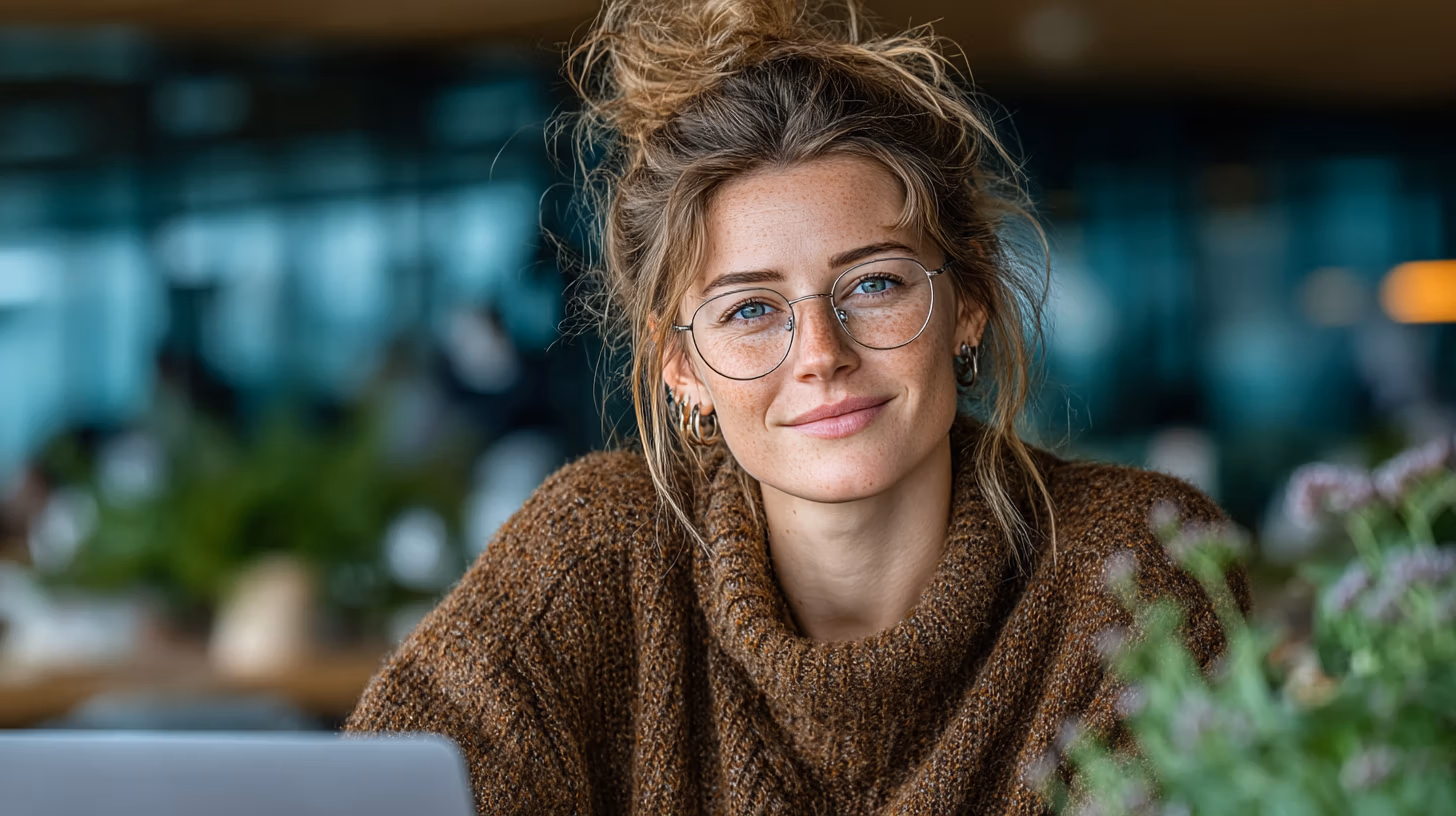 Junge Frau mit Brille und Pullover sitzt entspannt vor Laptop, Blick in die Kamera, ruhige Atmosphäre