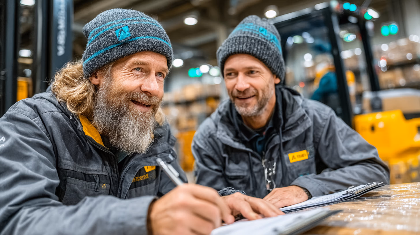 wei Männer mit Mützen und Bärten lächeln bei der Arbeit an einem Logistiktisch im Lager