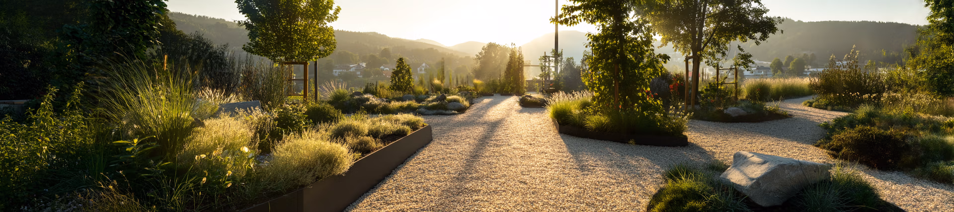 Sonnenbeschienener Gartenweg mit moderner Begrünung, im Hintergrund Hügel und Morgendunst
