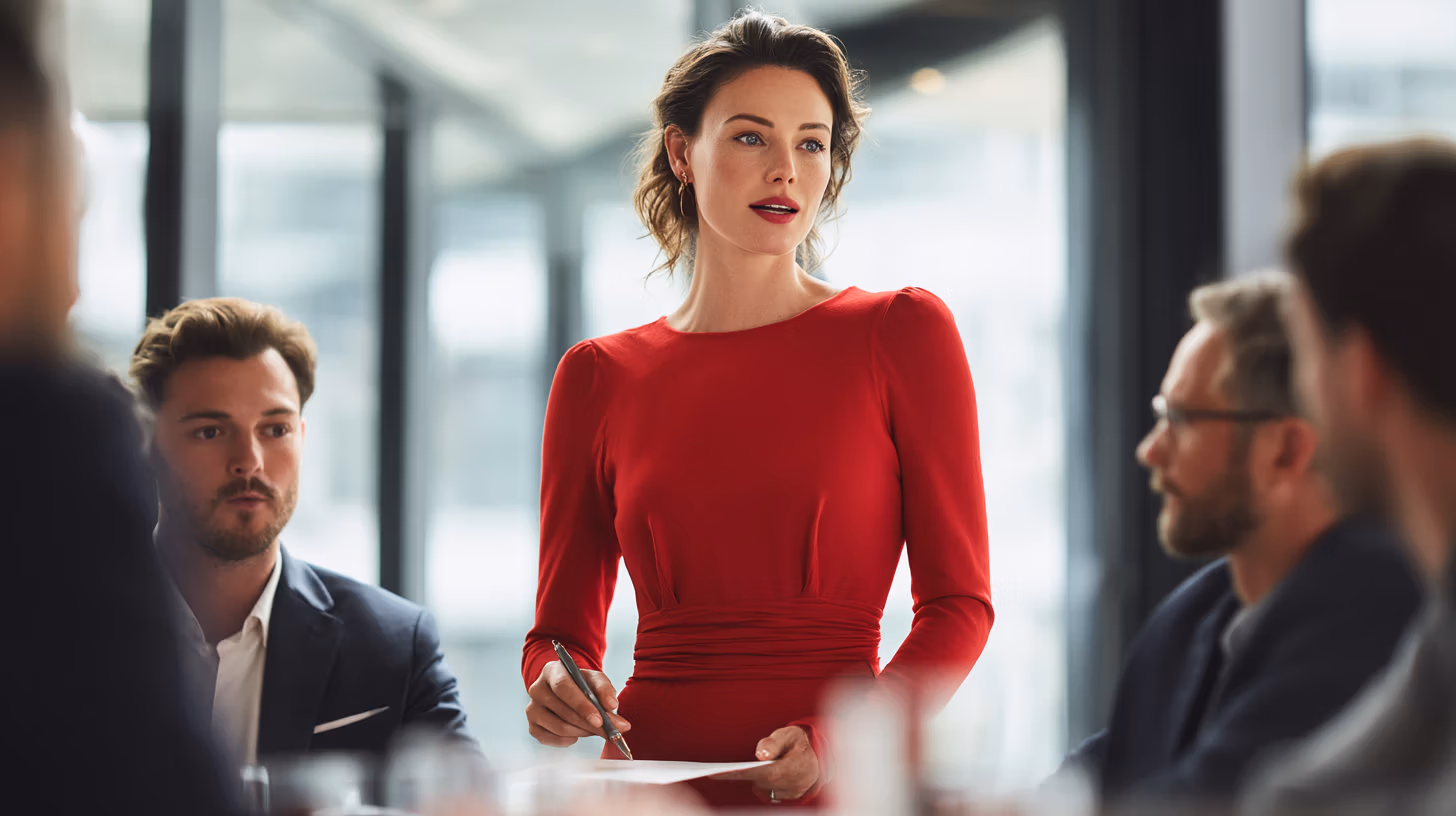 Frau in rotem Businesskleid spricht im Meeting mit mehreren Männern, steht selbstbewusst im Mittelpunkt