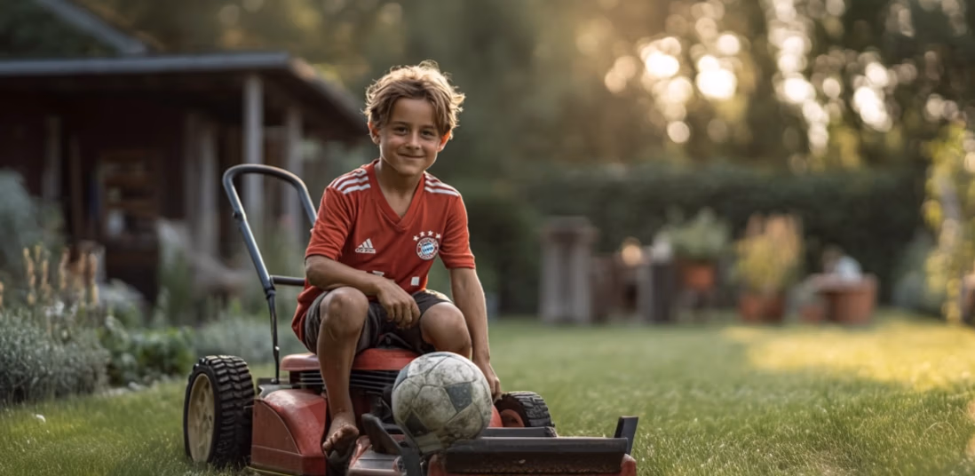 Junge im roten Fußballtrikot sitzt fröhlich lächelnd auf einem Rasenmähertraktor, im Hintergrund ein gepflegter Garten mit klarer Rasenbegrenzung und schöner Abendsonne.