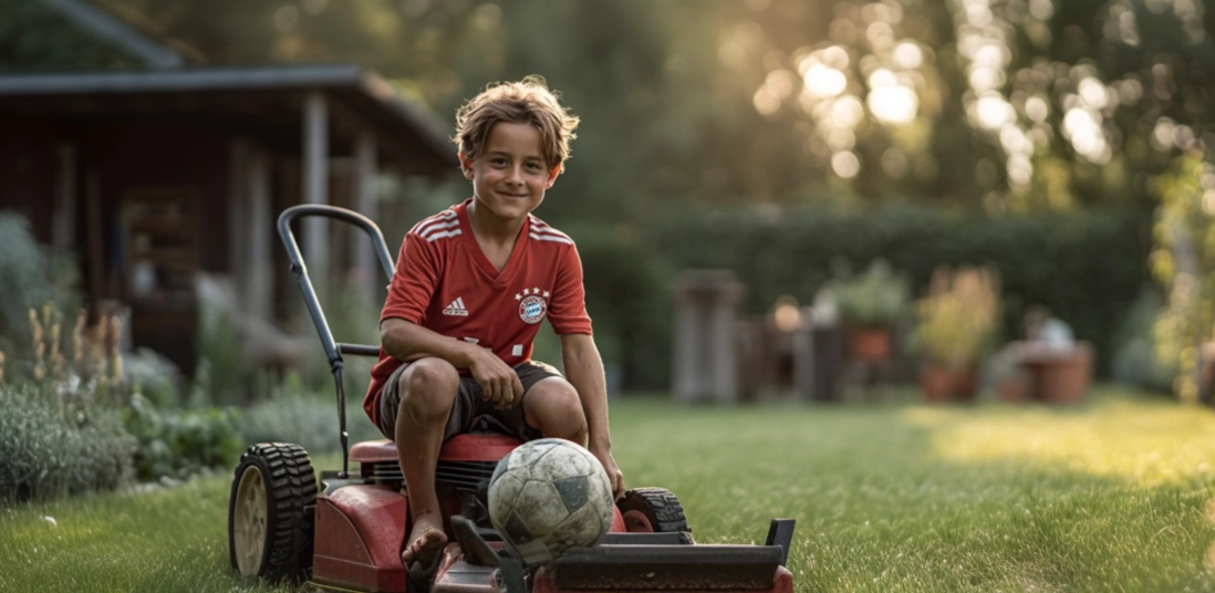 Junge im roten Fußballtrikot sitzt fröhlich lächelnd auf einem Rasenmähertraktor, im Hintergrund ein gepflegter Garten mit klarer Rasenbegrenzung und schöner Abendsonne.